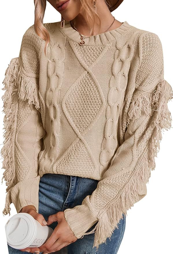 CCTOO Women's Fall Sweaters Crewneck Cable Knit Solid Long Fringe Sleeve Boho Loose Pullover Jump... | Amazon (US)