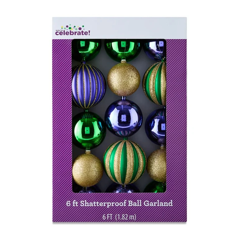 Shatterproof Ball Garland, Multicolor, 6', Mardi Gras by Way To Celebrate | Walmart (US)