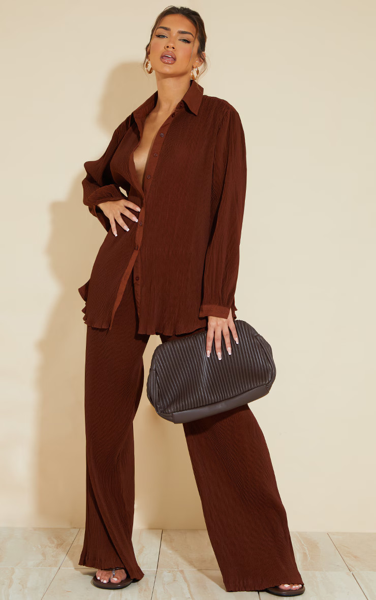 Chocolate Brown Plisse High Waisted Wide Leg Pants | Pretty Little Thing (Australia & New Zealand)