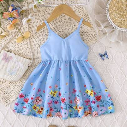Baby Girl Floral Print Casual Spaghetti Strap Dress Girls Summer Dress Spring Dresses For Girls Kids Spring Dress | SHEIN