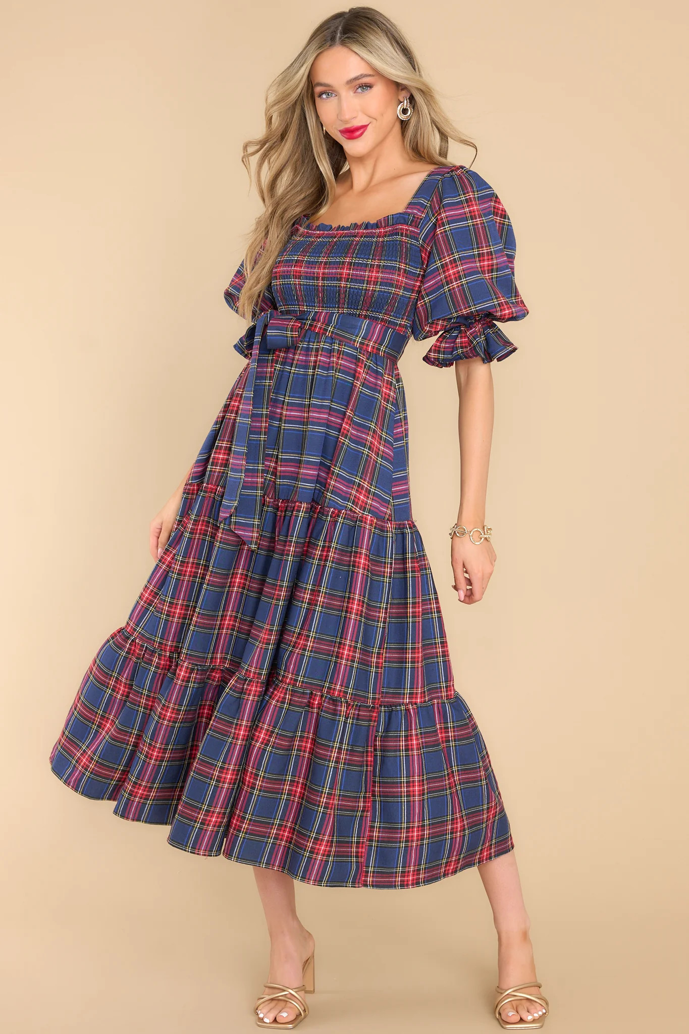 Wishful Wonderland Navy Plaid Midi Dress | Red Dress