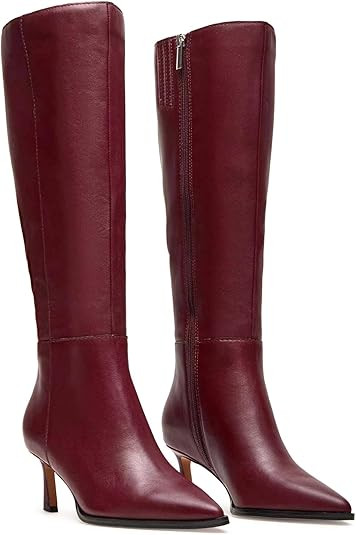 MICIFA Burgundy Kitten Heel Knee High Boots for Women Side Zipper Tall Leather Boots Pointed Toe ... | Amazon (US)