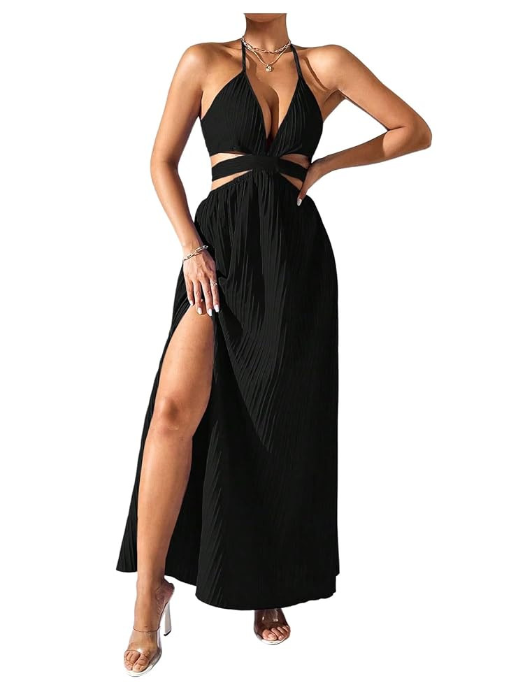 Women's Textured Halter Maxi Dress Cut Out Vocation Dress Tie Backless Split Thigh Party Cami Dre... | Amazon (US)