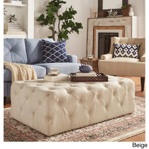 Knightsbridge Rectangular Linen Tufted Cocktail Ottoman with Casters by iNSPIRE Q Artisan - Beige... | Bed Bath & Beyond
