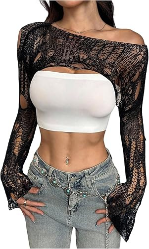 WDIRARA Women's Off Shoulder Crochet Sweater Hollow Out Long Sleeve Bolero Shrug Pullover Crop To... | Amazon (US)