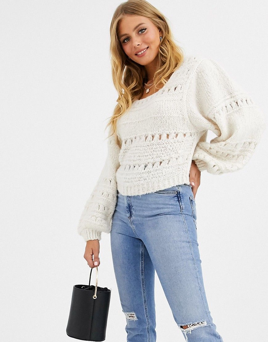 ASOS DESIGN stitch detail square neck sweater with volume sleeve-Cream | ASOS (Global)