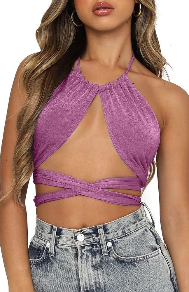 WAYMODE Women's Sexy Sleeveless Halter Crisscross Cami Lace Up Self Tie Backless Crop Tops | Amazon (US)