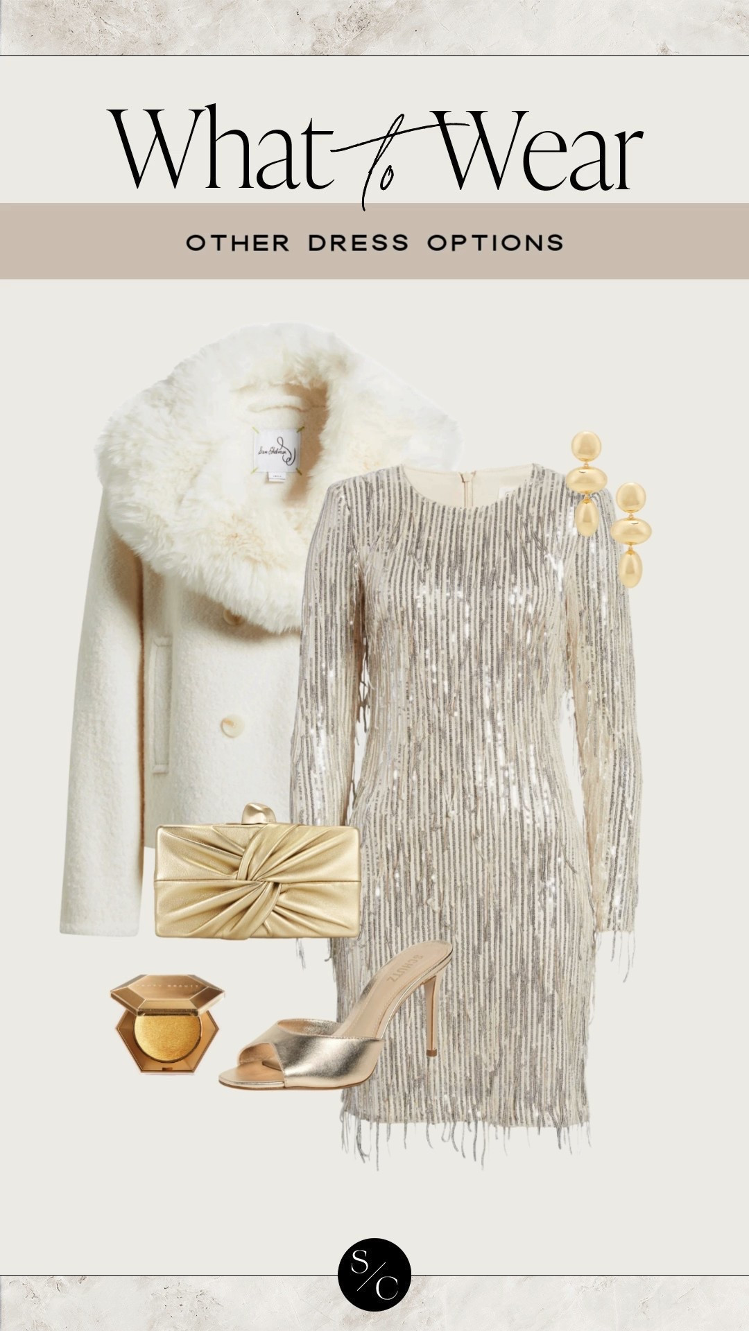 What to wear ✨ Dress option for New Year’s! Sequin fringe dress, faux fur wool coat, gold clutch, gold accessories & heels.

#LTKootd #LTKHoliday #LTKgrwm