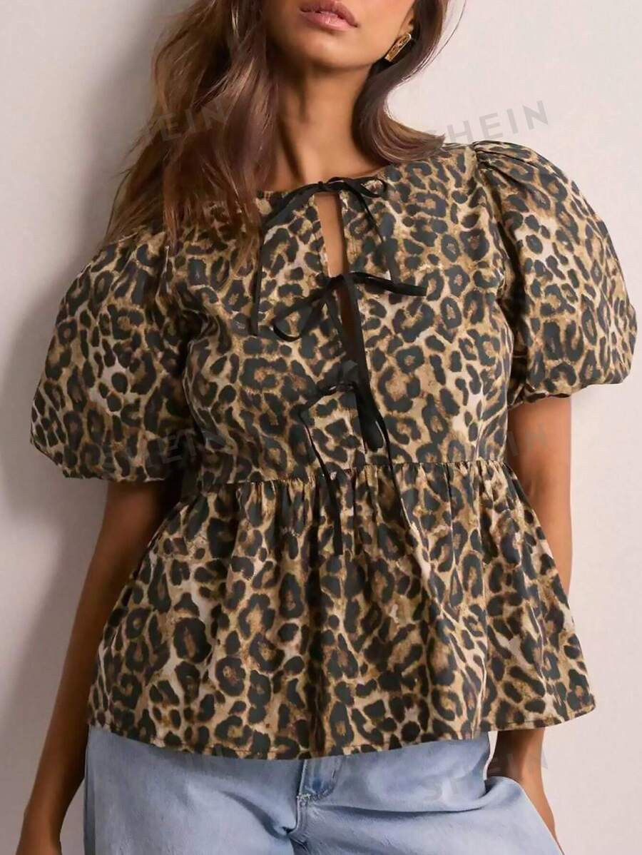 SHEIN EZwear Women's Summer Leopard Print Tie Front Puff Sleeve Ruffle Hem Blouse | SHEIN