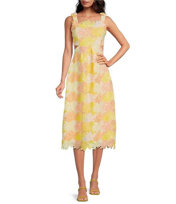 Lace Smocked Open Back Square Neck Sleeveless Midi Dress | Dillards