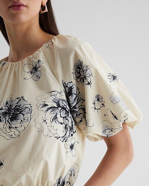 Floral Gathered Neck Puff Sleeve Banded Bottom Top | Express