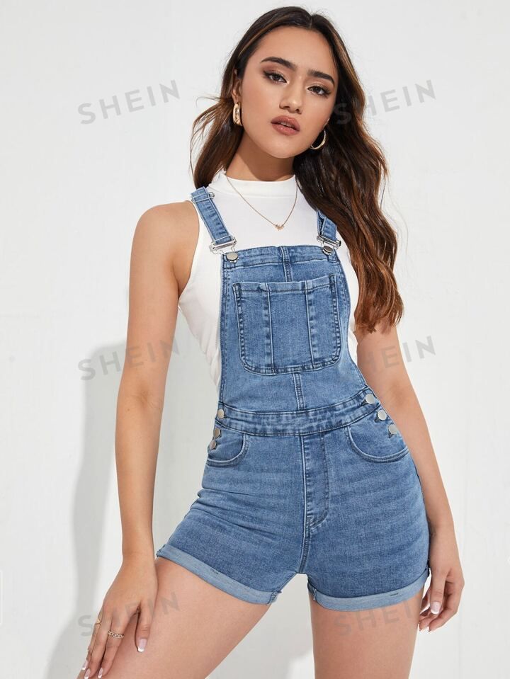 SHEIN EZwear Slant Pocket Denim Overall Jumpsuit Without Top | SHEIN