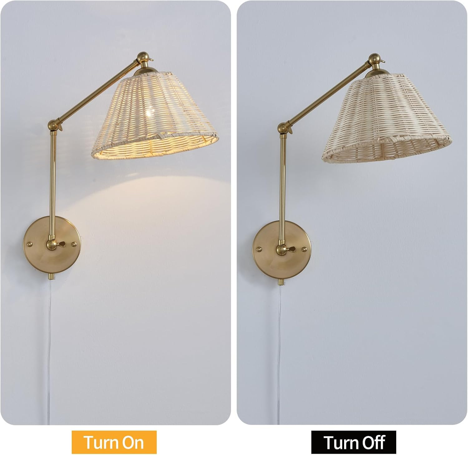 Plug in Wall Sconces Set of 2 Gold Rattan Wall Sconces Plug in Wall Light Fixtures Swing Arm Wall... | Amazon (US)