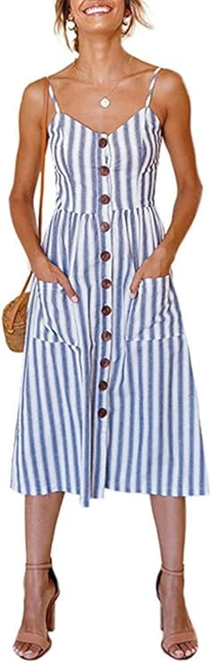 ECHOINE Women's Summer Dresses, Floral Boho Spaghetti Strap Button Down Swing Midi Beach Dress wi... | Amazon (US)