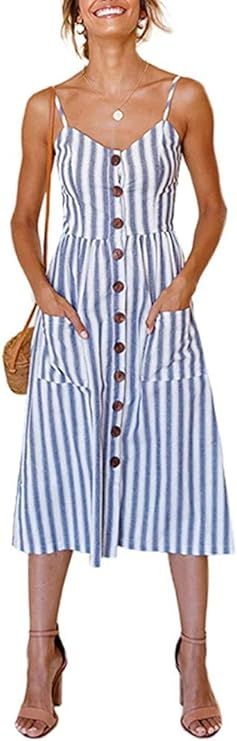 ECHOINE Women's Summer Dresses, Floral Boho Spaghetti Strap Button Down Swing Midi Beach Dress wi... | Amazon (US)