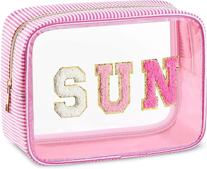 Sanwuta Seersucker Sun Bag Chenille Letter Clear Makeup Bag Preppy Striped Travel Toiletry Pouch ... | Amazon (US)
