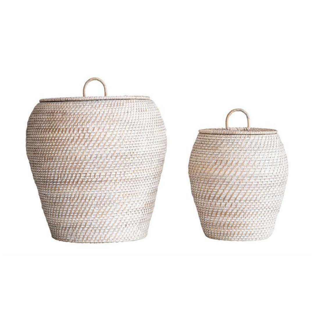 Whitewashed Rattan Storage Basket w/ Lid | Megan Molten