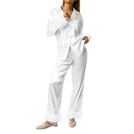 Youweixiong Women Pajamas 2Pcs Set Feather Long Sleeve Button Down Shirt Long Pants Sleepwear Lounge | Walmart (US)