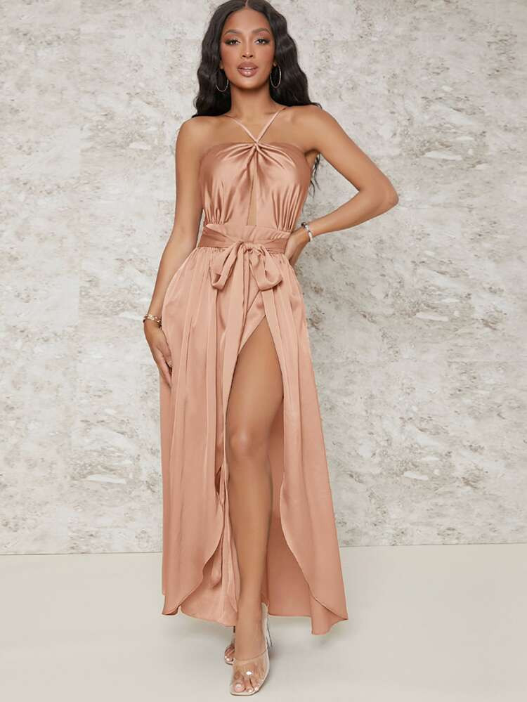 SHEIN BAE Self Belted High Split Satin Cami Dress | SHEIN
