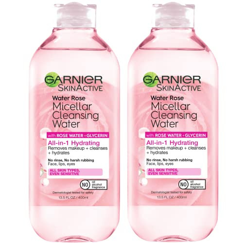Garnier Micellar Water with Rose Water and Glycerin, Hydrating Facial Cleanser & Makeup Remover, For All Skin Types, Vegan, Cruelty Free, 13.5 Fl Oz (400mL), 2 Count | Amazon (US)