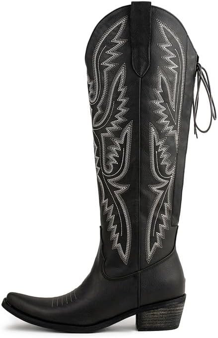 Atuelang Western Cowboy Boots for Women Knee High Wide Calf Lace Up Embroidered Cowgirl Boots | Amazon (US)