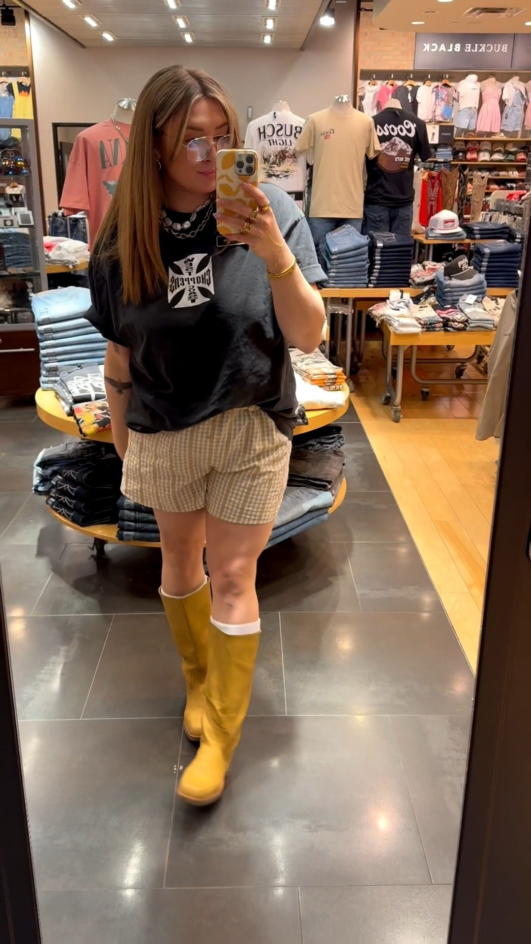 Edgy ootd buckle boxer shorts west coast choppers y2k outfit Frye boots