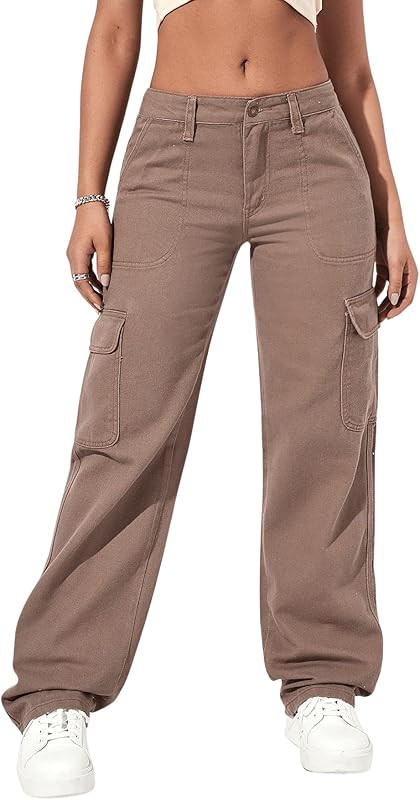 SweatyRocks Women's High Waist Cargo Jeans Flap Pocket Wide Leg Denim Pants | Amazon (US)