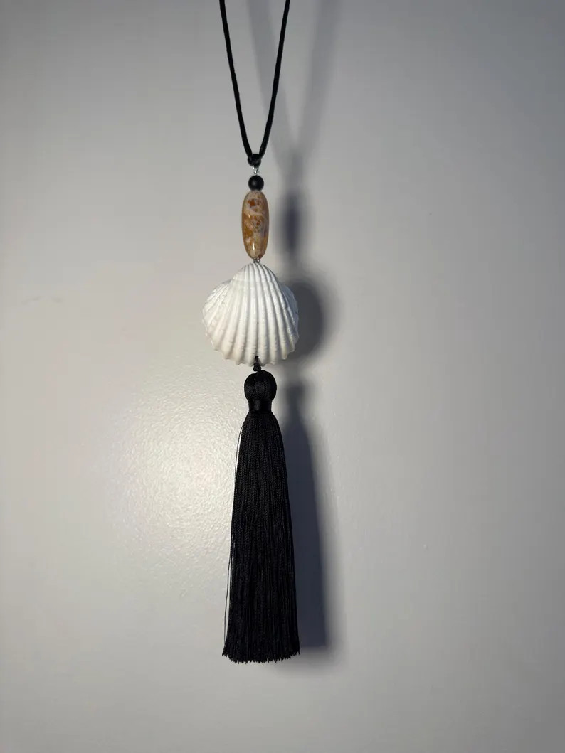 Long Tassel Amulet Necklace With White Cockle Shell & Agate Stone Bead on Silk Cord - Etsy | Etsy (Global)