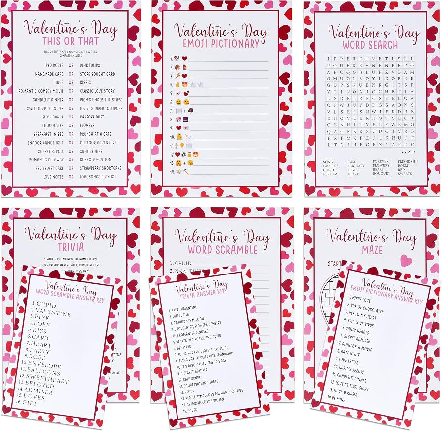6 Valentine's Day Games Cards Valentine Party Favor Supplies Word Search Scramble Pictionary Triv... | Amazon (US)