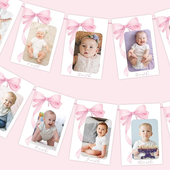 JarThenaAMCS Pink Bow Photo Banner First Birthday Cute Bowknot Hanging Banner Newborn to 12 Month... | Amazon (US)