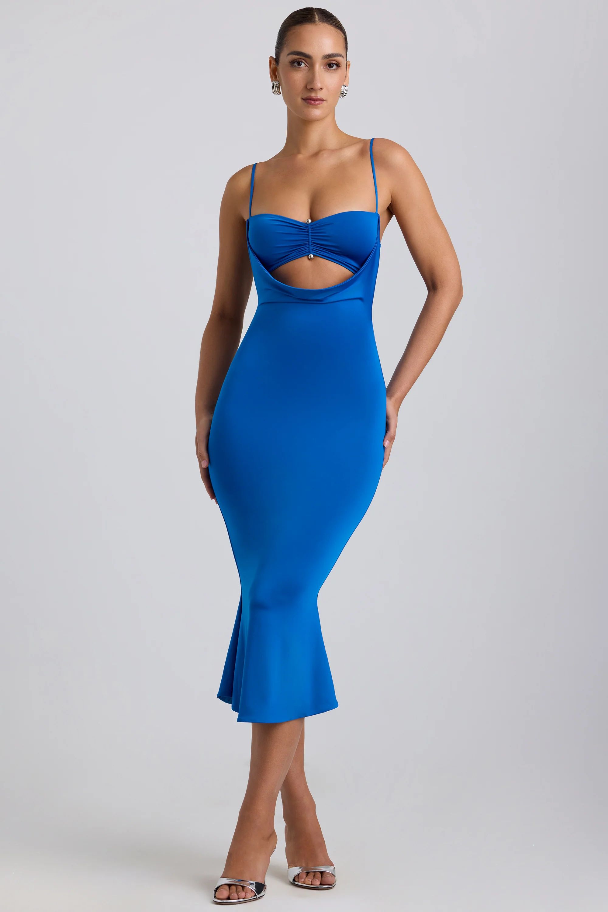 Slinky Jersey Ruched Cut-Out Midaxi Dress in Cobalt Blue | Oh Polly