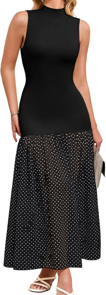 ChiaoLezhee Mock Neck Maxi Dress, Drop Waist Pleated, Semi Formal Date Night, Sleeveless Polka Do... | Amazon (US)