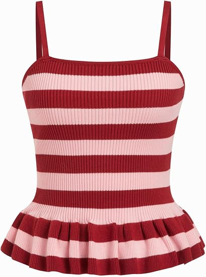 CIDER Striped Crop Peplum Tops for Women Ruffle Square Neck Knit Tops | Sleeveless Tank Tops, Vac... | Amazon (US)