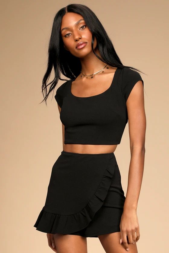 Cocktail Party Black Two-Piece Lace-Up Ruffled Romper | Lulus (US)