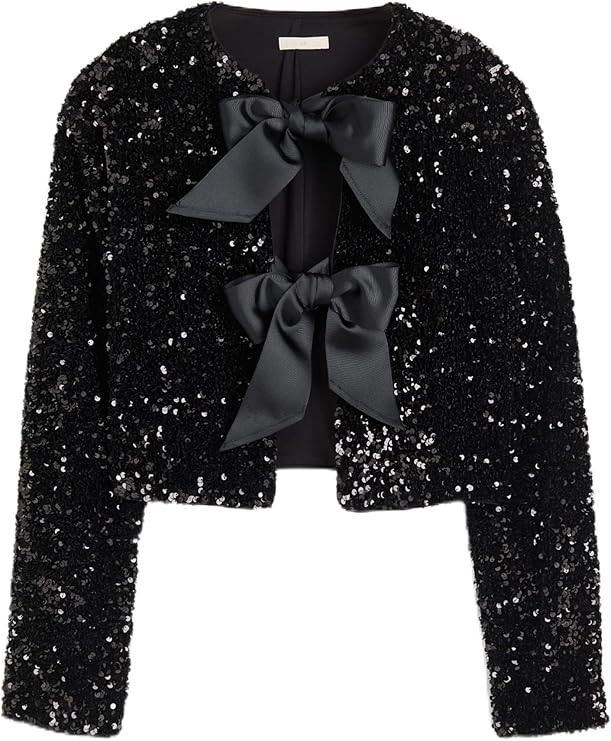 Women's Sequin Jacket Long Sleeve Tie Front Bow Glitter Cropped Tops | Amazon (US)