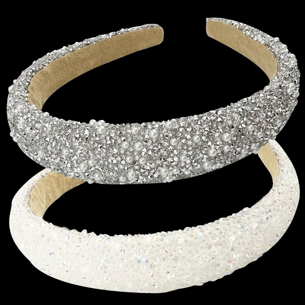 2Pieces Rhinestone Headbands Sparkly Pearl Beaded Wide Hairbands, High Crown Silhouette Hair Band... | Amazon (US)