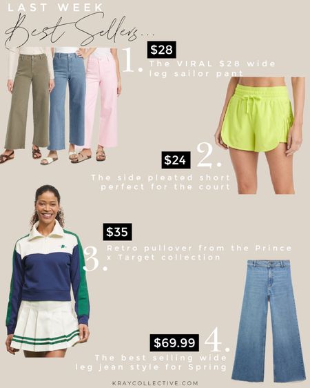 Here’s our best selling styles last week, the styles my followers shopped most.  
1.  The $28 viral wide leg pant. 
2. The side pleated drawstring high rise active short.  
3. A pullover from the new princefor Target pickleball collection.
4. Must have weird leg sailor jeans for spring.

#springoutfits #springpants #widelegpants #targetstyle #widelegdenim #tennisoutfit #pickleballoutfit

#LTKStyleTip #LTKSeasonal #LTKActive