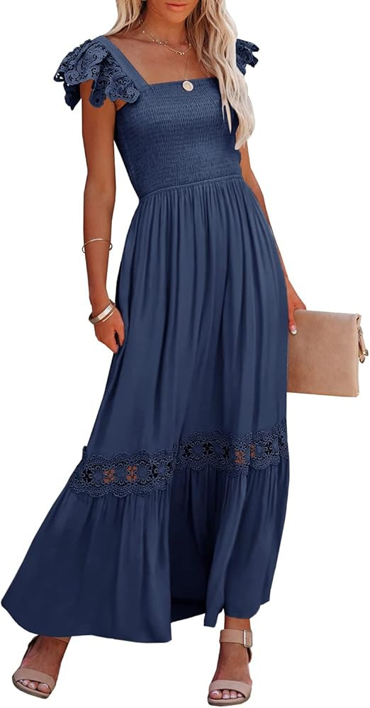 Ferlema Womens Summer Boho Lace Strap Sleeveless Square Neck Ruffle A Line Flowy Beach Long Maxi ... | Amazon (US)