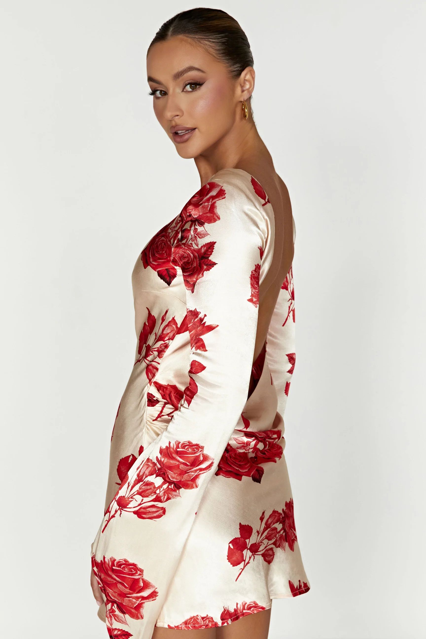 Davina Satin Long Sleeve Mini Dress - Rose Print | MESHKI (US & UK)