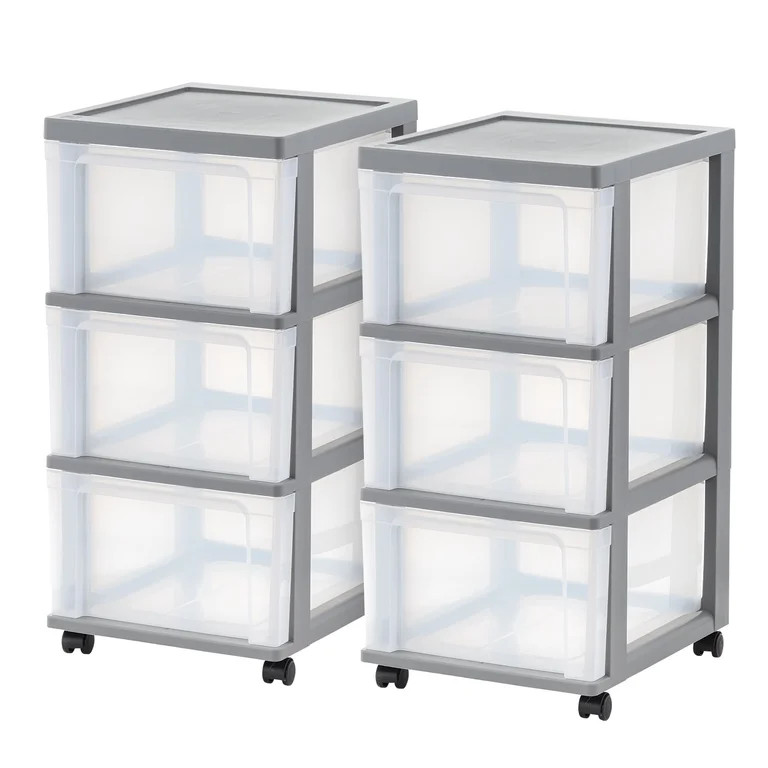 IRIS 3-Drawer Narrow Plastic Storage Drawer Cart, Gray, Set of 2 | Walmart (US)