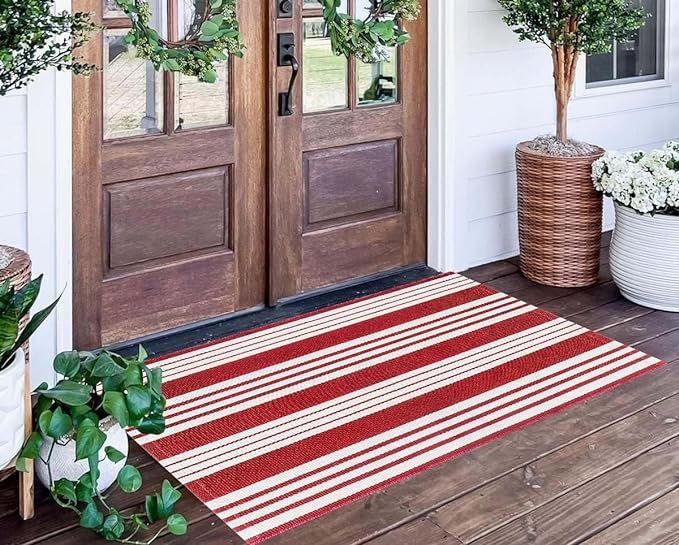 Red and White Striped Rug 24'' x 51''Outdoor Front Porch Rug Hand-Woven Machine Washable Indoor/O... | Amazon (US)