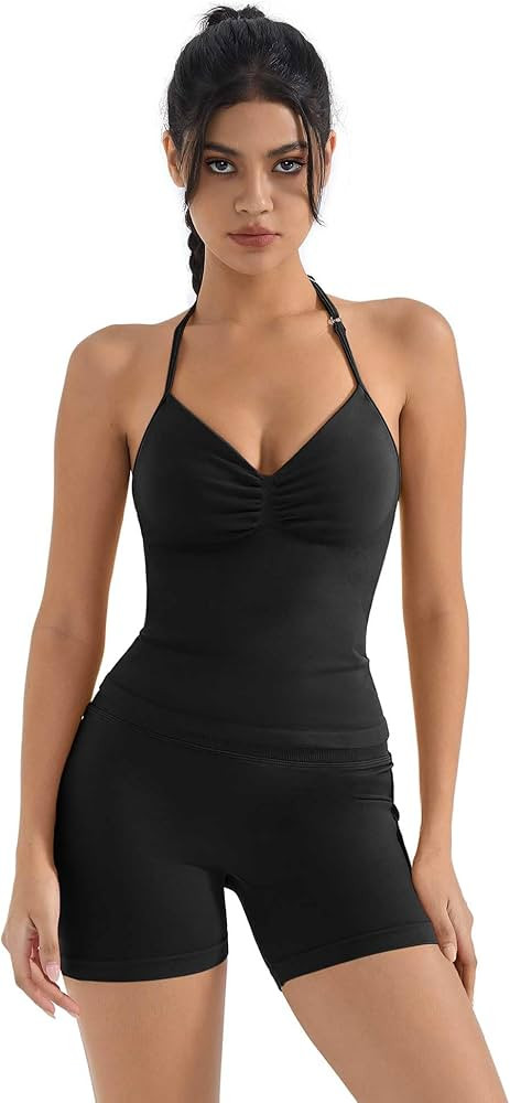 SUUKSESS Women Halter Backless Sports Bra Seamless Padded Ribbed Workout Set Gym Yoga Bra | Amazon (US)