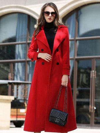 Wool Coat For Woman Sash Ture Red Winter Outerwear 2024 | Milanoo