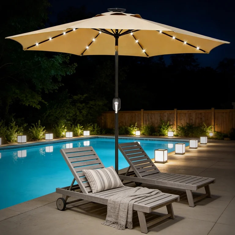 HOUSNIFLEX 9FT Solar Patio Umbrella with LED Lights, Outdoor Market Umbrella with Solar Panel, 8 ... | Walmart (US)