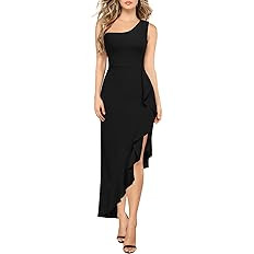MUSHARE Women's One Shoulder Asymmetrical Sleeveless Bodycon Ruffle Split Evening Cocktail Party ... | Amazon (US)