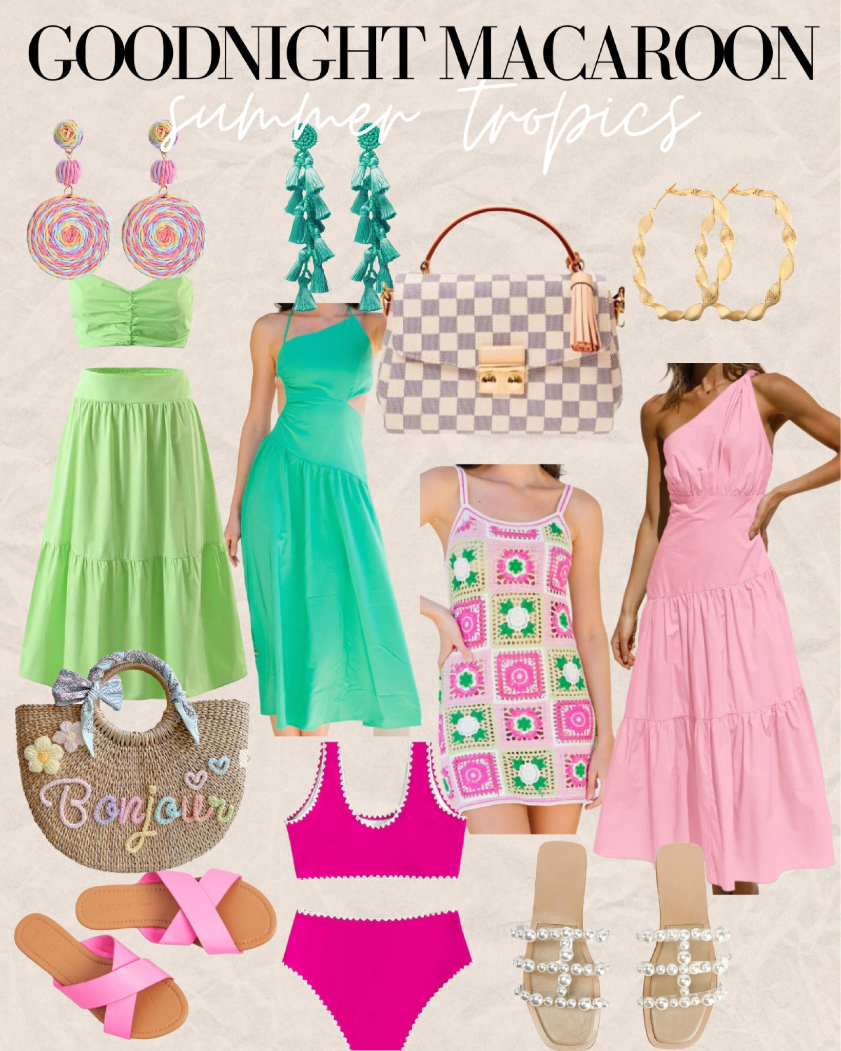 Goodnight macaroon summer tropics, statement earrings, designer look for less, hoops, maxi dress, grass bag, straw bag, bikini, sandals 

#LTKSeasonal #LTKunder100 #LTKstyletip