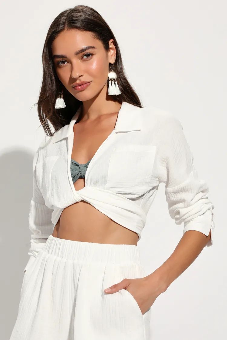 Effortless Summer White Long Sleeve Tie-Front Swim Cover-Up Top | Lulus