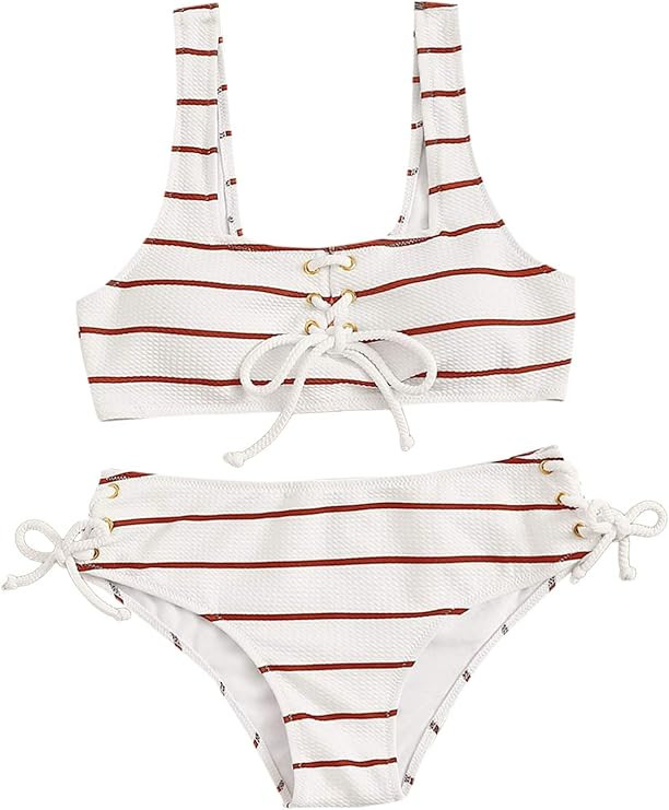 SweatyRocks Women's Striped Lace Up Bathing Suits Ribbed Knit Tie Side Bikini Set | Amazon (US)