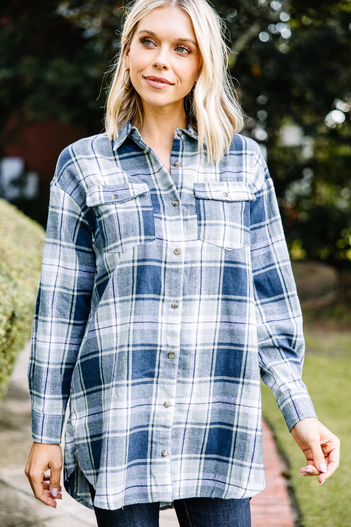 Simple Solutions Navy Blue Plaid Button Down Top | The Mint Julep Boutique