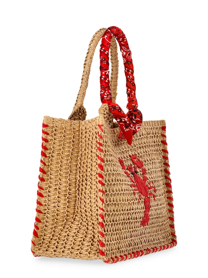 No Boundaries Women's Beach Icons Mini Straw Tote Bag, Natural with Lobster Embroidery | Walmart (US)